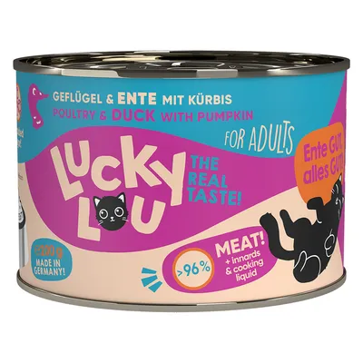 Lucky Lou kattmat, 200 g burk. Geflügel & Ente mit Kürbis, Poultry & Duck with Pumpkin for Adults. MEAT! >96 % innards & cooking liquid. Made in Germany. Ente GUT, alles GUT.