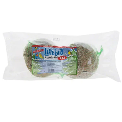 Упаковка с 2 шарами для птиц lillebro Meisenknödel XXL, каждый по 500 г. Видна этикетка с изображением птиц и текстом на немецком языке.