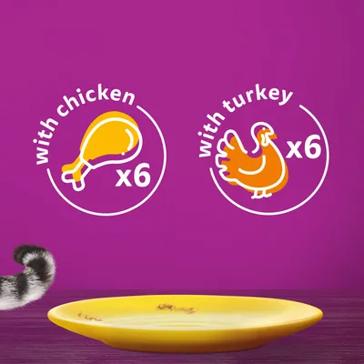 with chicken x6 og with turkey x6, illustration af kyllingelår og kalkun, tekst på engelsk. Gul tallerken og del af kattehale synlig.