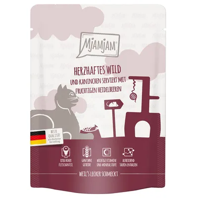 MjAMjAM Herzhafte Wild und Kaninchen serviert mit fruchtigen Heidelbeeren, meilleure qualité allemande, sans céréales, vitamines et minéraux, teneur élevée en viande, taurine incluse.
