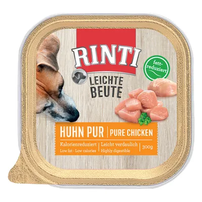 Упаковка Rinti Leichte Beute Huhn Pur Pure Chicken, 300 г. Видны кусочки куриного филе, надписи: калорийность снижена, легкоусвояемый, fett-reduziert.
