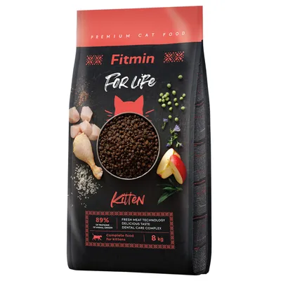 Fitmin For Life Kitten, премиум храна за котенца с 89% животински протеин, Dental Care Complex, прясно месо, опаковка 8 кг. Пълноценна храна за котенца.