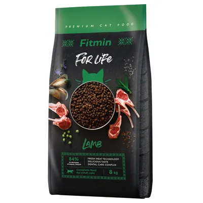 Fitmin For Life Premium Cat Food с агнешко, 84% животински протеин, Dental Care Complex, 8 кг. Пълноценна храна за възрастни котки.