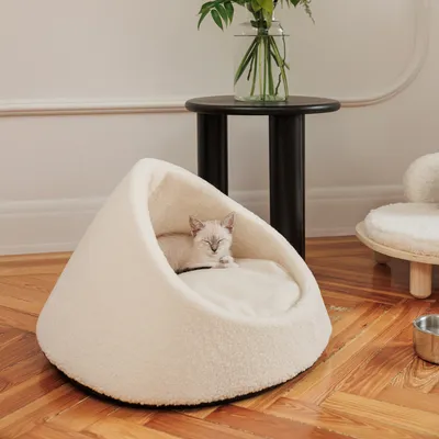 Cat bed made of white fabric with enclosed cave shape, cat sleeping inside. Environment: wooden floor, black table with vase and plants.