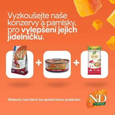 N&D Pumpkin suché krmivo, mokré krmivo a maškrty. Vyskúšajte naše konzervy a maškrty na obohatenie jedálnička. Vedecky vyvinuté pre spoločné kŕmenie.