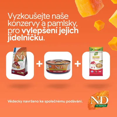 N&D Pumpkin suché krmivo, mokré krmivo Quail & Pumpkin a Adult Cream. Vedecky vyvinuté na spoločné kŕmenie. N&D Pumpkin suché krmivo, mokré krmivo Quail & Pumpkin a Adult Cream. Vedecky vyvinuté na spoločné kŕmenie.