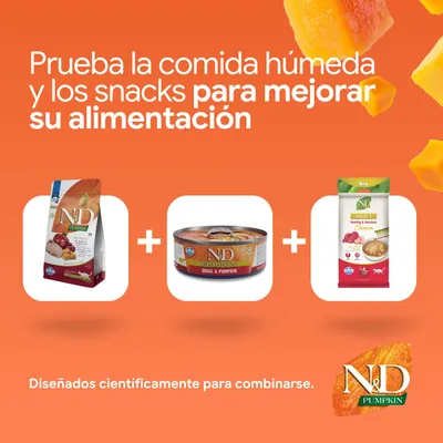 Pruebe N&D Pumpkin pienso, comida húmeda y snacks para mejorar la alimentación. Desarrollado científicamente para combinar. Pruebe N&D Pumpkin pienso, comida húmeda y snacks para mejorar la alimentación. Desarrollado científicamente para combinar.
