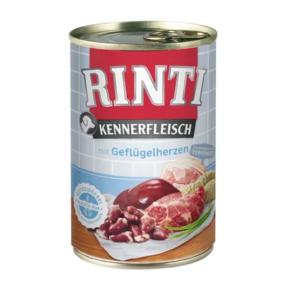 Rinti Kennerfleisch mit Geflügelherzen, getreidefrei, Fleisch pur, ohne Kohlenhydrate, Zusammensetzung verfeinert. Abbildung von Fleischstücken auf der Dose.