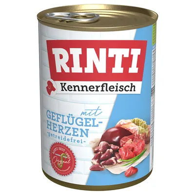 RINTI Kennerfleisch con cuori di pollame, senza cereali. Rinti dal 1983 Original. Immagine di pezzi di carne e ingredienti.