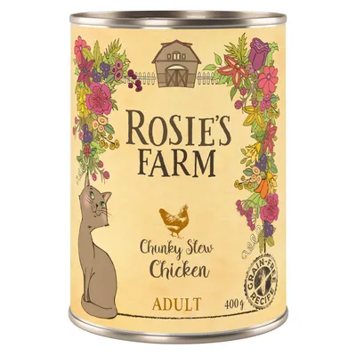 Rosie's Farm Chunky Stew Kip, Adult, 400g. Graanvrij recept met bloemmotief en afbeelding van kip.