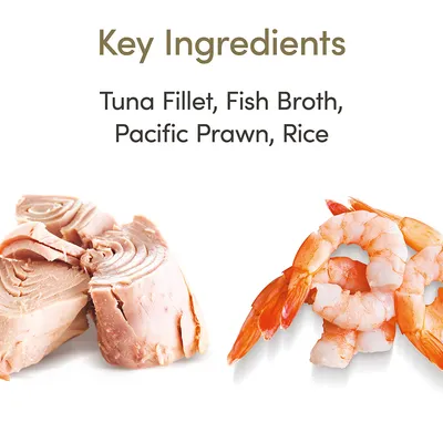 Teksti englanniksi: Key Ingredients. Tuna Fillet, Fish Broth, Pacific Prawn, Rice. Kuvassa tonnikalafileetä ja jättikatkarapuja.