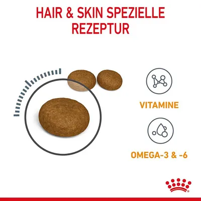 Hair & Skin spezielle Rezeptur mit Vitaminen und Omega-3 & -6. Abbildung von braunen Kroketten.