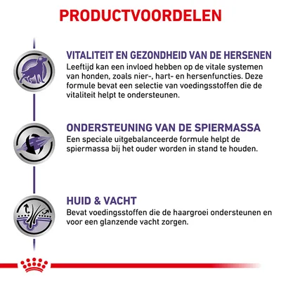 Productvoordelen: vitaliteit en gezondheid van de hersenen, ondersteuning van de spiermassa, huid & vacht. Uitleg over voedingsstoffen voor honden bij elk voordeel vermeld.