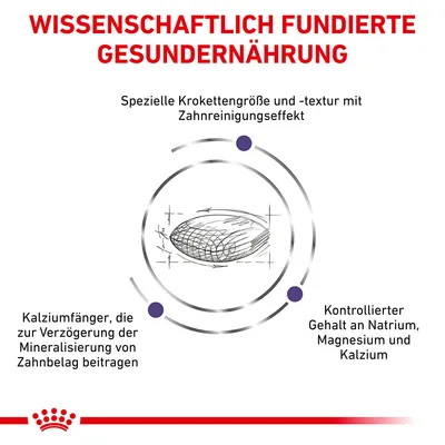 Wissenschaftlich fundierte Gesundernährung: Spezielle Kroketten mit Zahnreinigungseffekt, Kalziumfänger zur Verzögerung von Zahnbelag und kontrollierter Gehalt an Natrium, Magnesium, Kalzium.