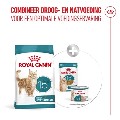 Royal Canin 15+ Senior Katten droog- en natvoer. Let op: combineren voor een optimale voedingservaring. Royal Canin 15+ Senior Katten droog- en natvoer. Let op: combineren voor een optimale voedingservaring.