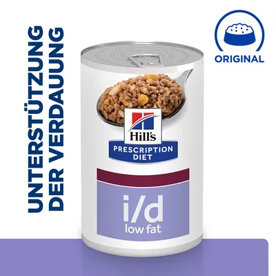 Консерва Hill's Prescription Diet i/d low fat. Видна ложка с кормом. Текст на немецком: UNTERSTÜTZUNG DER VERDAUUNG. Значок миски с надписью ORIGINAL.