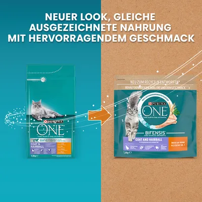 Purina ONE Bifensis Coat and Hairball. Neuer Look, gleiche ausgezeichnete Nahrung mit hervorragendem Geschmack. Neu zum Recyceln entworfen, reich an Huhn als Zutat Nr. 1.