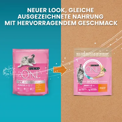 Purina ONE Junior 1-12 cat food. New look, same excellent nutrition with great taste. Packaging now made from recycled material, 750g.