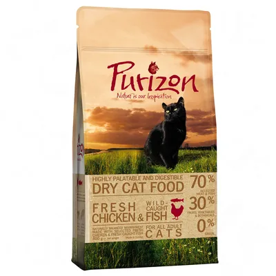 Purizon Dry Cat Food, 70% mięsa i ryb, 30% warzyw i ziół, 0% zbóż, Fresh Chicken & Wild Caught Fish, dla dorosłych kotów, opakowanie 400 g Purizon Dry Cat Food, 70% mięsa i ryb, 30% warzyw i ziół, 0% zbóż, Fresh Chicken & Wild Caught Fish, dla dorosłych kotów, opakowanie 400 g