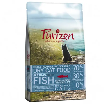 Purizon Dry Cat Food Fish, 2,5 kg. Tekstit: 70 % selected fish, 30 % fruits, vegetables & botanicals, 0 % grain, herring from the North Sea, for all adult cats. Purizon Dry Cat Food Fish, 2,5 kg. Tekstit: 70 % selected fish, 30 % fruits, vegetables & botanicals, 0 % grain, herring from the North Sea, for all adult cats.