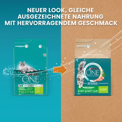 Purina ONE Indoor Formula. Neuer Look, gleiche ausgezeichnete Nahrung mit hervorragendem Geschmack. Verpackung zeigt Katze und Karotte, jetzt aus recyceltem Material.