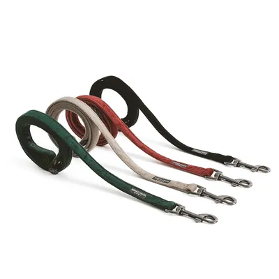 Vier hondenriemen in groen, beige, rood en zwart met metalen karabijnhaken. Merknaam 'Hunter' zichtbaar op de riemen.