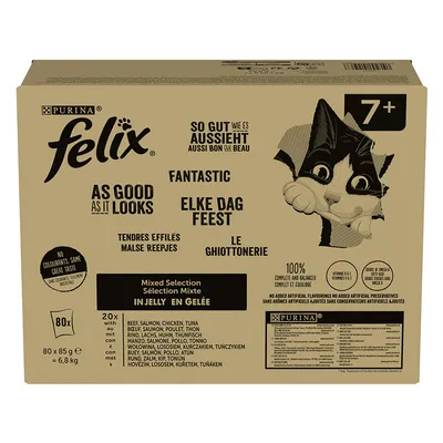 Cutie Purina Felix As Good As It Looks 7+, selecție mixtă în aspic, 80 x 85 g. Text vizibil: fără coloranți, fără conservanți adăugați, complet și echilibrat, pentru pisici peste 7 ani.