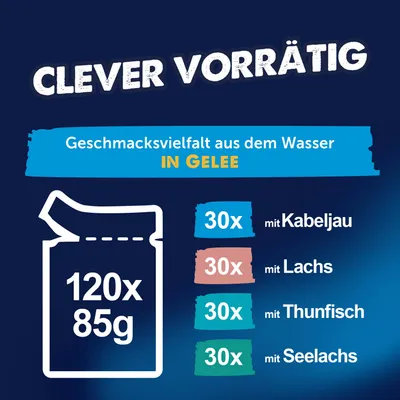 120x85g Portionsbeutel, Geschmacksvielfalt aus dem Wasser in Gelee: 30x Kabeljau, 30x Lachs, 30x Thunfisch, 30x Seelachs. 120x85g Portionsbeutel, Geschmacksvielfalt aus dem Wasser in Gelee: 30x Kabeljau, 30x Lachs, 30x Thunfisch, 30x Seelachs.