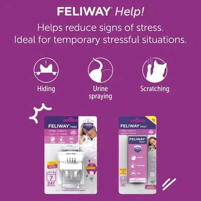 Feliway Help reduces signs of stress such as hiding, urine spraying and scratching. Suitable for temporary stressful situations. Image shows 7 day supply diffuser and refill pack.