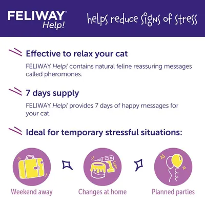 FELIWAY Help! helps reduce signs of stress, effective to relax your cat with natural pheromones, provides 7 days supply, ideal for weekend away, changes at home, and planned parties.