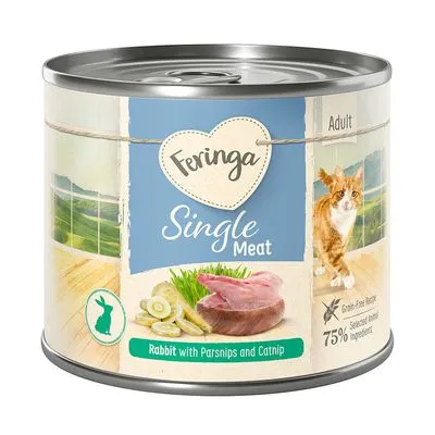 Feringa Single Meat Adult, Rabbit with Parsnips and Catnip, 75 % selected animal ingredients, Grain-Free Recipe, boîte illustrée avec un chat et des légumes visibles sur l’étiquette. Feringa Single Meat Adult, Rabbit with Parsnips and Catnip, 75 % selected animal ingredients, Grain-Free Recipe, boîte illustrée avec un chat et des légumes visibles sur l’étiquette.