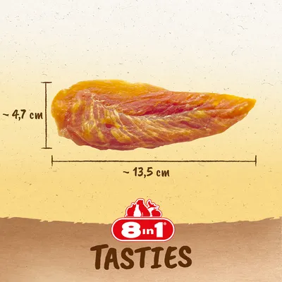 8in1 Tasties prigrizek, mere: približno 13,5 cm dolžine in 4,7 cm širine.