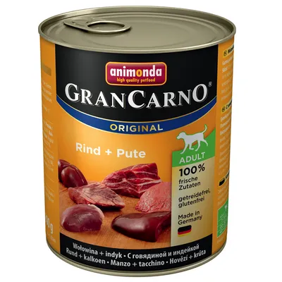 Консерва Animonda GranCarno Original Rind + Pute для взрослых собак, 100 % свежие ингредиенты, без зерна и глютена, произведено в Германии, изображены куски мяса.