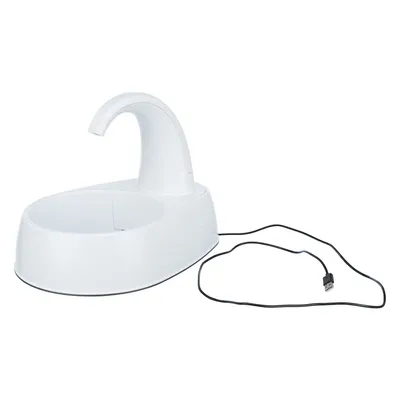 Bela fontana za pitje z ukrivljenim izlivom in USB-kablom, primerna za neprekinjeno dovajanje vode.