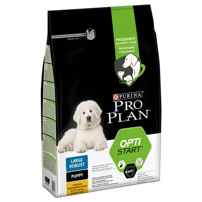 Purina Pro Plan Opti Start Large Robust Puppy, förpackning med bild på vit valp. Text: Pregnancy to Puppy Plan, rich in chicken, +50 %.