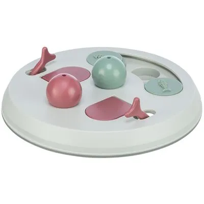 Rond interactief speelgoed van plastic met roze en groene elementen, draaibare schijven en hendels voor huisdieren. Geen merknaam zichtbaar.