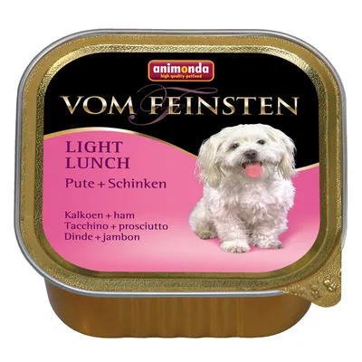 animonda VOM FEINSTEN LIGHT LUNCH Pute + Schinken. Kalkoen + ham, Tacchino + prosciutto, Dinde + jambon. Embalagem com imagem de cão pequeno branco.