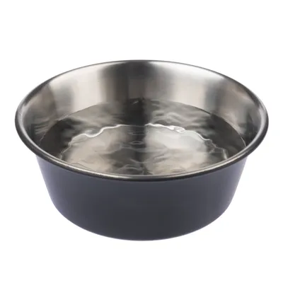 Pyöreä ruostumattomasta teräksestä valmistettu kulho, jossa on vettä, sopii lemmikeille.