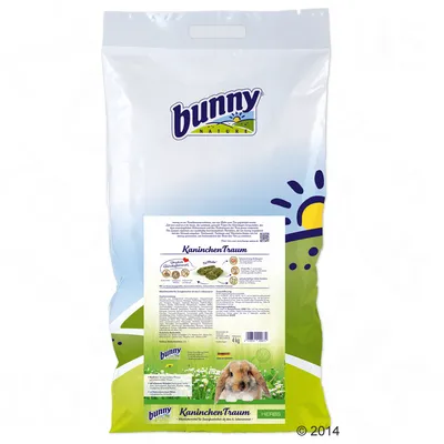 Ambalaj Bunny Nature KaninchenTraum, 4 kg, cu imagine iepure și text vizibil: 'HERBS', informații nutriționale și simboluri pe etichetă. Text principal în germană.