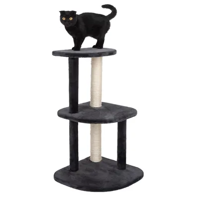 Cat tree with three levels, dark grey and beige, with a black cat on the top platform.