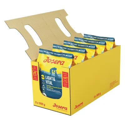Carton ouvert contenant 5 sachets Josera Light & Vital, 5 x 900 g. Texte visible : 'Easy to carry', 'Vorteils pack', 'Fresh Pack', 'Super Premium Pet Food – Made in Germany'.