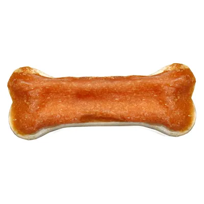 Os pentru câini cu umplutură portocalie vizibilă pe partea superioară. Material: os alb, umplutură de consistență pastă. Fără alte detalii sau marcaje vizibile.