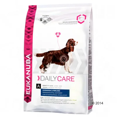 Saco de ração Eukanuba Daily Care para cães adultos com excesso de peso ou esterilizados. Texto visível: 'OVERWEIGHT, STERILISED', 'ADULT 1+ YEARS', marca Eukanuba.