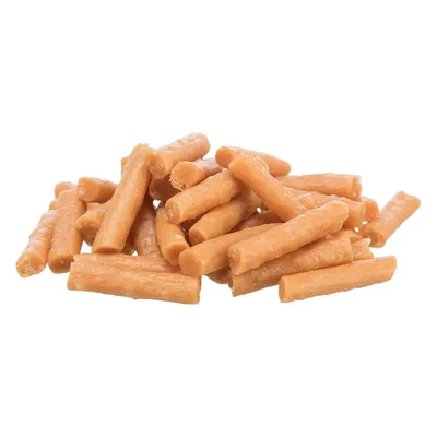 Haufen von orangefarbenen, länglichen Snacks oder Leckerlis. Keine weiteren Informationen sichtbar.