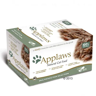 Confezione Applaws Natural Cat Food Multipack Fish Selection, 8 x 60 g, 100% natural, contiene sardine con sgombro, tonno con granchio, tonno con gambero. Testo in inglese.