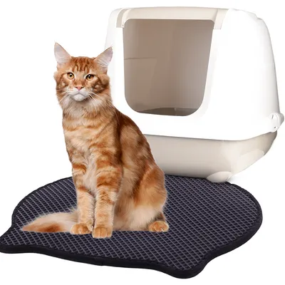 Cat litter mat with black honeycomb structure in front of a white cat toilet.