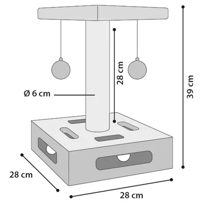 Diagramma di un supporto per giocattoli con misure: altezza 39 cm, larghezza 28 cm, profondità 28 cm. Diametro colonna Ø 6 cm, sfere sospese in alto. Base con aperture.