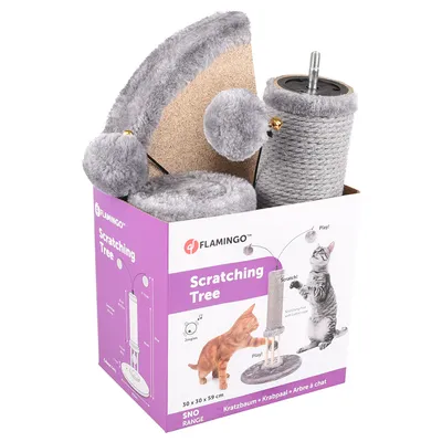 Flamingo Kratzbaum, Modell SNO Range, Masse: 30x30x59 cm. Verpackung zeigt Aufbau und Nutzung durch Katzen mit Spiel- und Kratzfunktionen.
