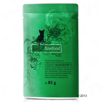 Опаковка на Catz finefood N°15 Huhn und Fasan, 85 г. Текстът е на немски език и съдържа информация за съставки и гаранции без консерванти, оцветители и ГМО.