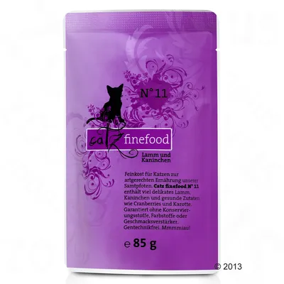 Пауч Catz finefood №11, Lamm und Kaninchen, 85 г. Видими текстове на немски: деликатес за котки с агнешко и заек, без консерванти, оцветители и овкусители.